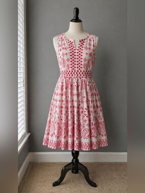 Red & White Cotton Fit & Flare Dress | Floral Paisley | Sleeveless